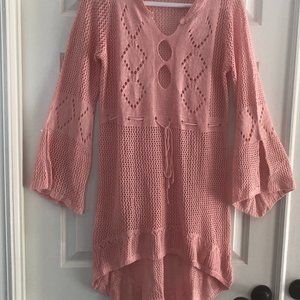 Pink Knit Tunic or Mini Dress with Bell Sleeves